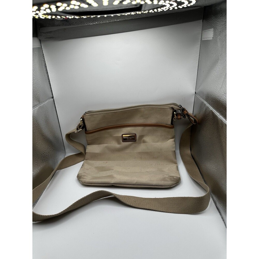 Tommy Hilfiger Tan Signature Stripe Crossbody Bag Gold Hardware Brown Trim